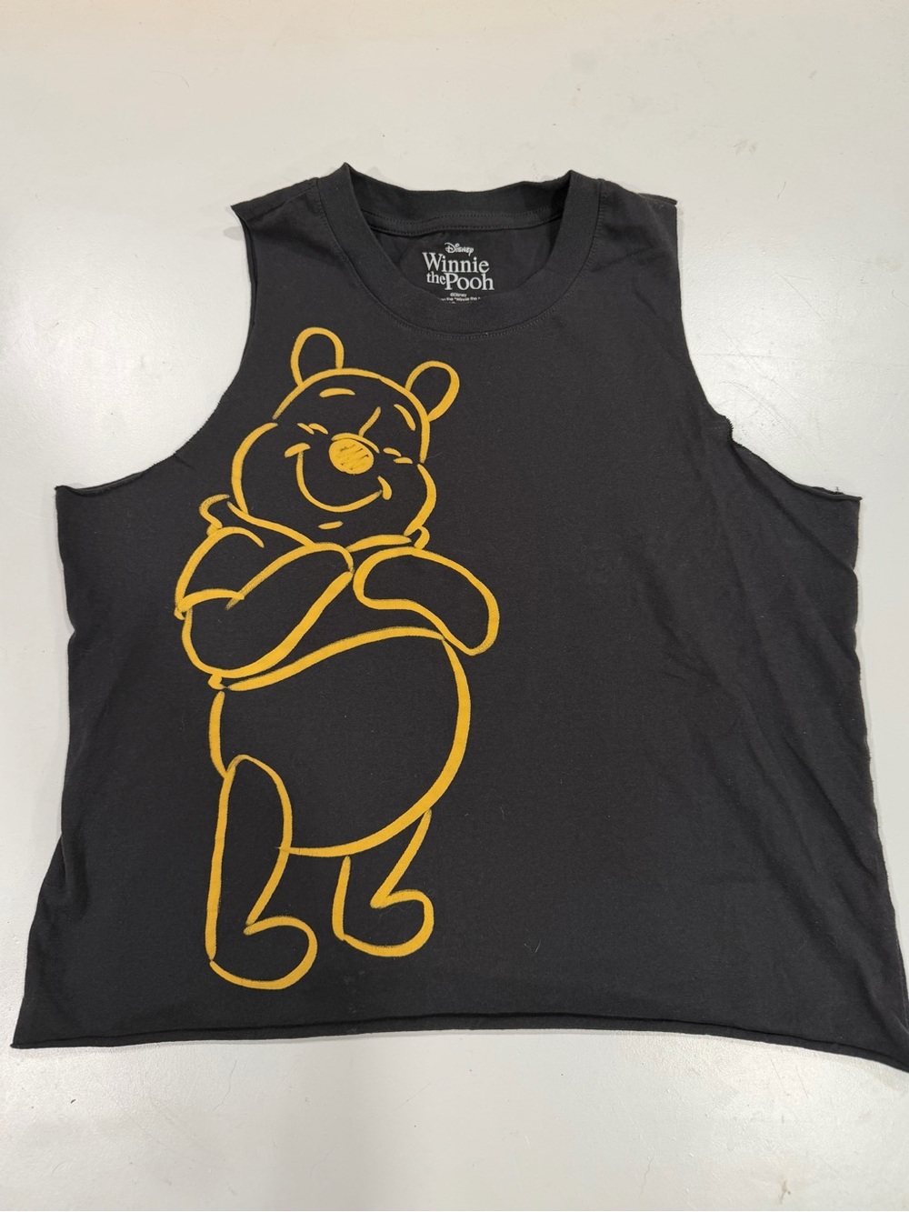 Disney Winnie the Pooh raw edge charcoal cropped Tank Top with Gold Graphic